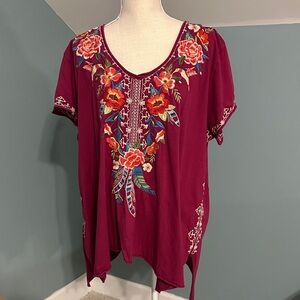 Johnny Was Burgundy Embroidered Floral V-Neck Tunic